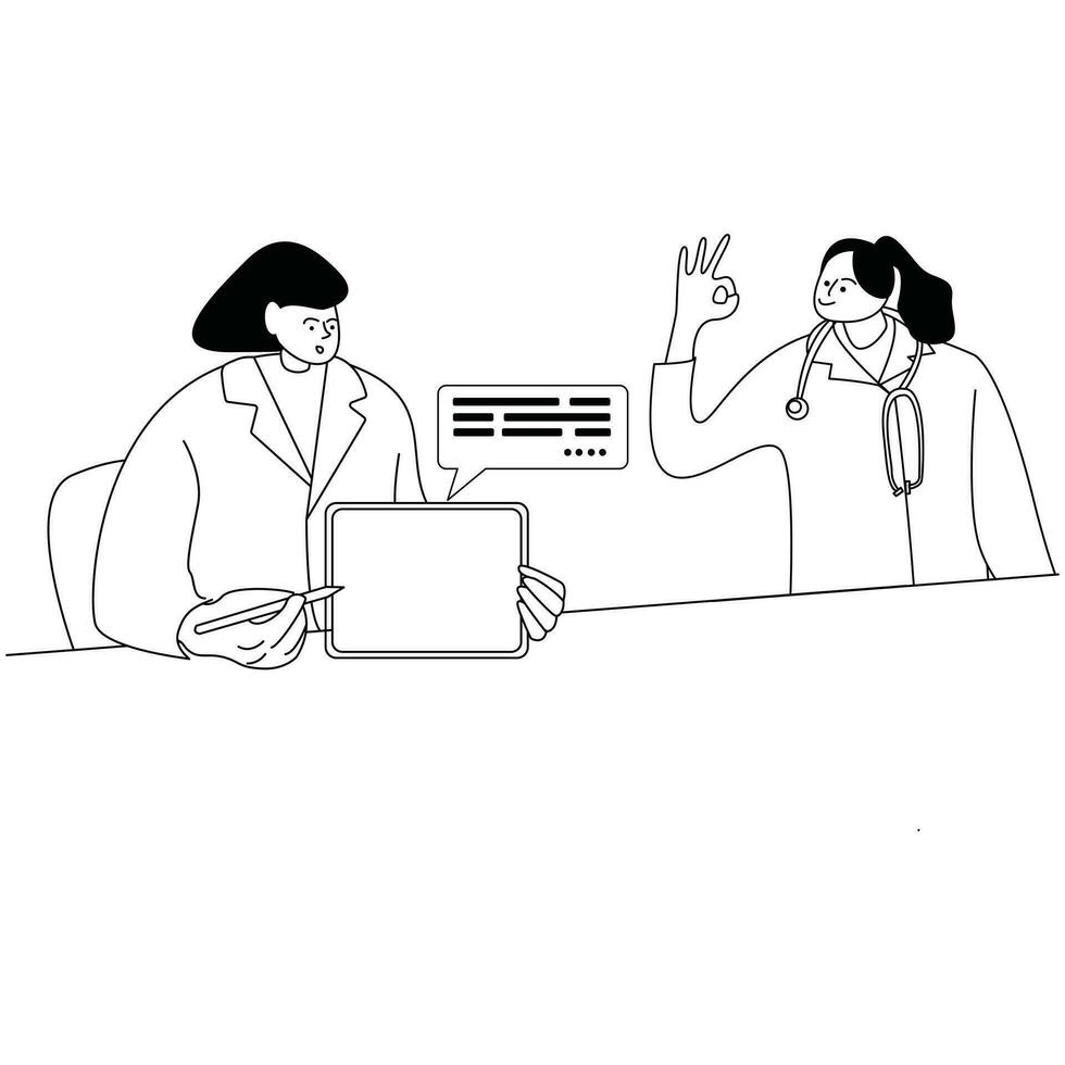 illustration of a doctor's activities during a meeting, monochrome line style vector