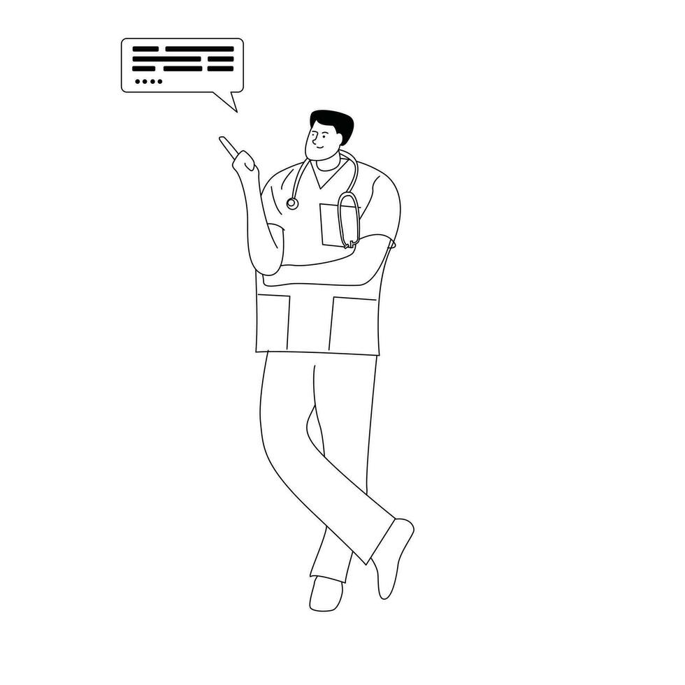 illustration of the doctor's activities standing relaxed, monochrome line style vector