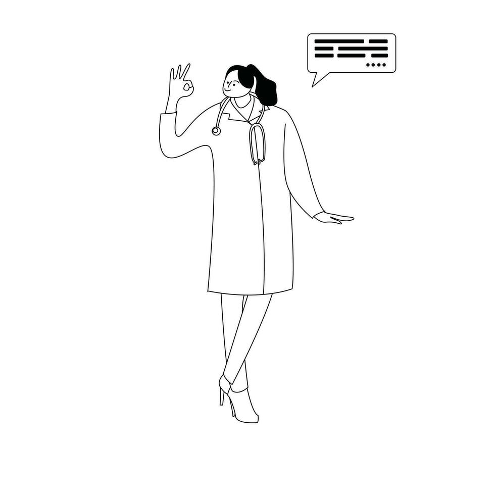 illustration of the doctor's activities standing relaxed, monochrome line style vector