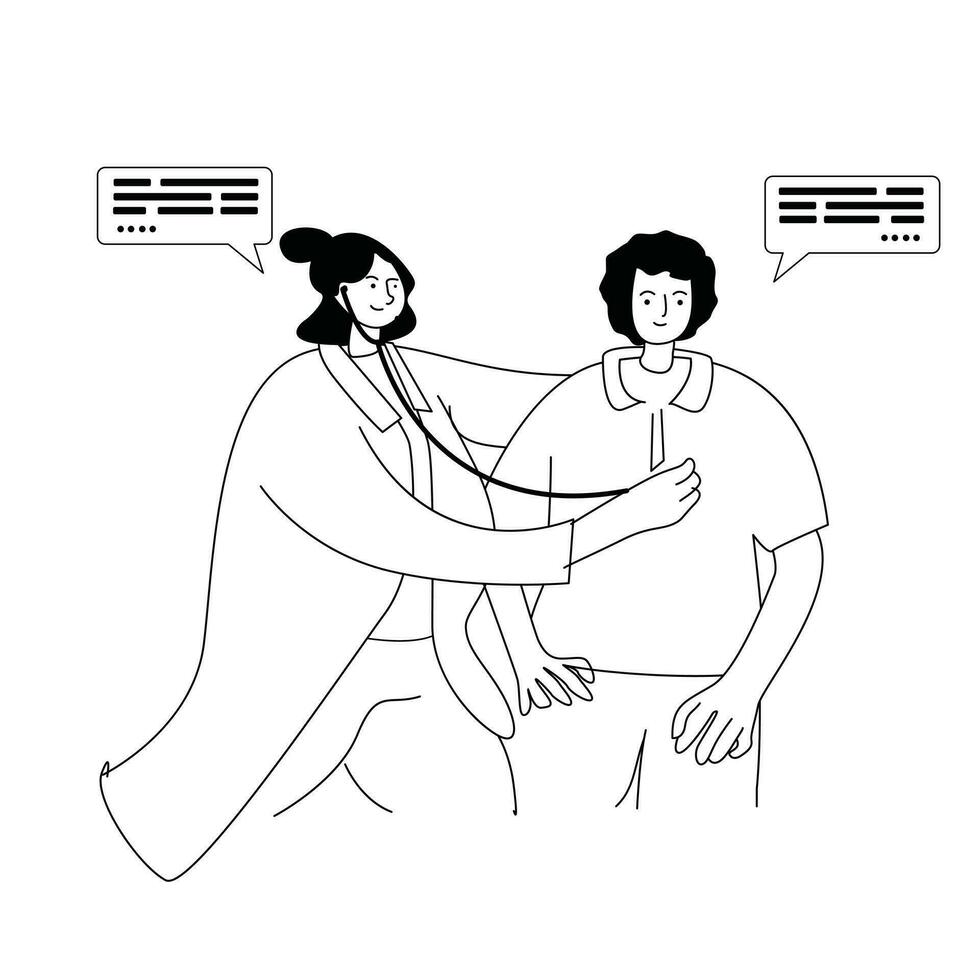 illustration of a doctor examining a patient, monochrome line style vector