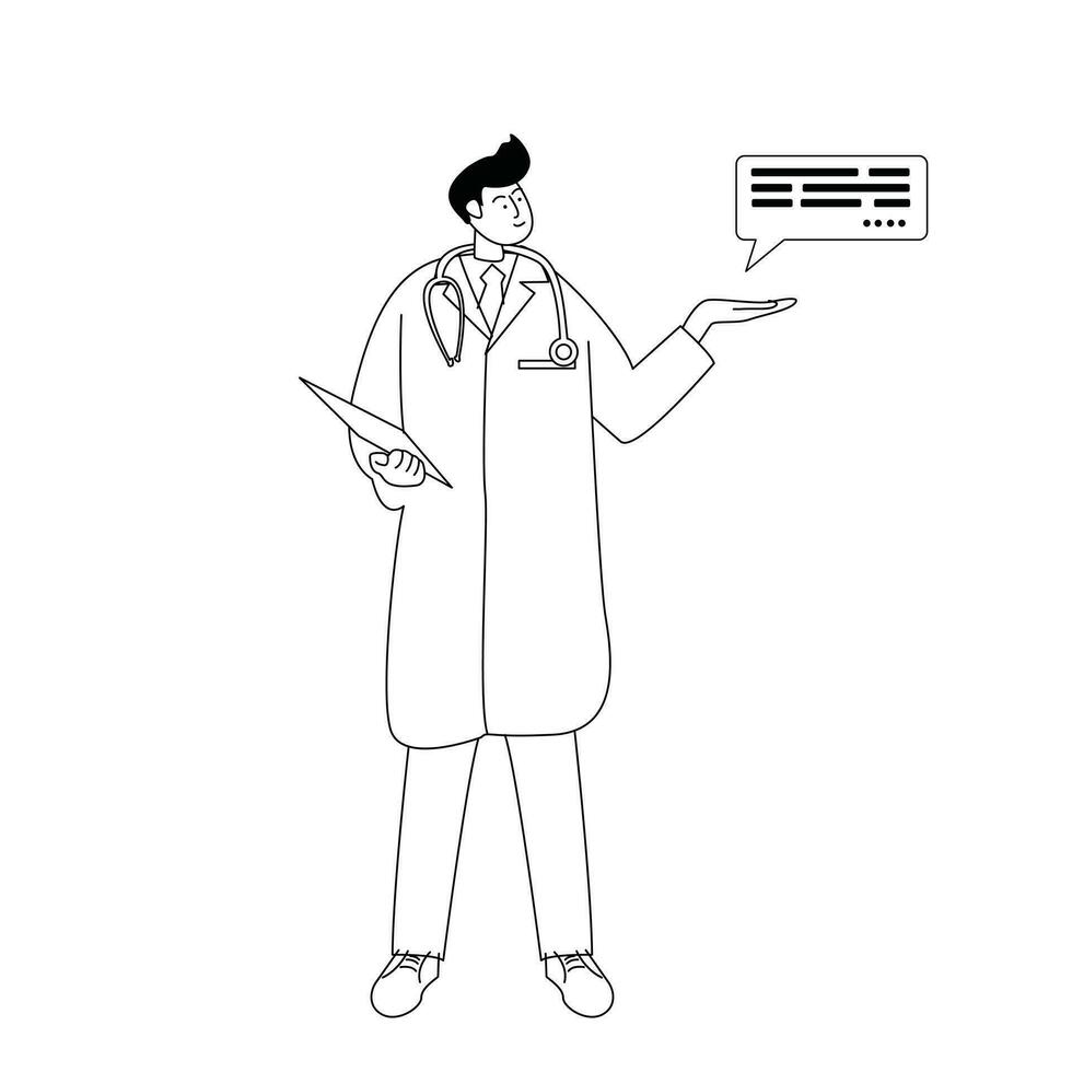 ilustración de el del doctor ocupaciones en pie relajado, monocromo línea estilo vector