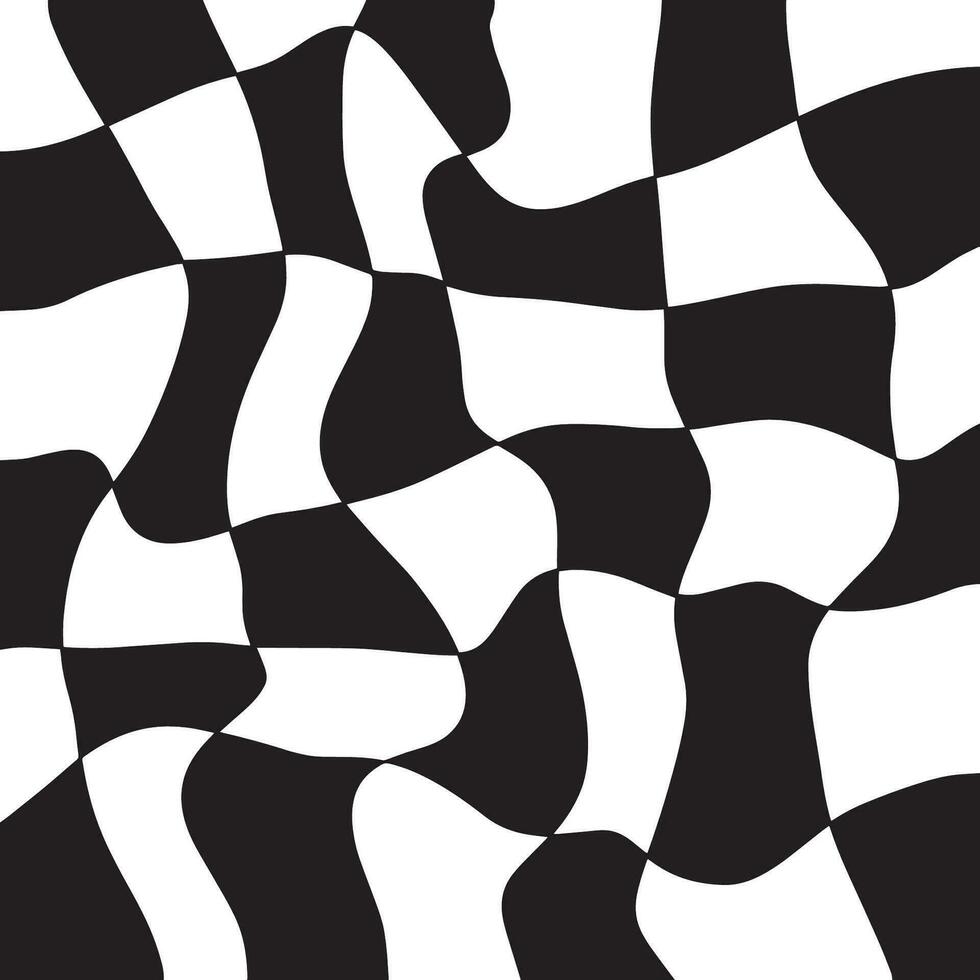 Checkerboard background in black and white colors, retro groovy wavy psychedelic checkerboard pattern. Vector illustration