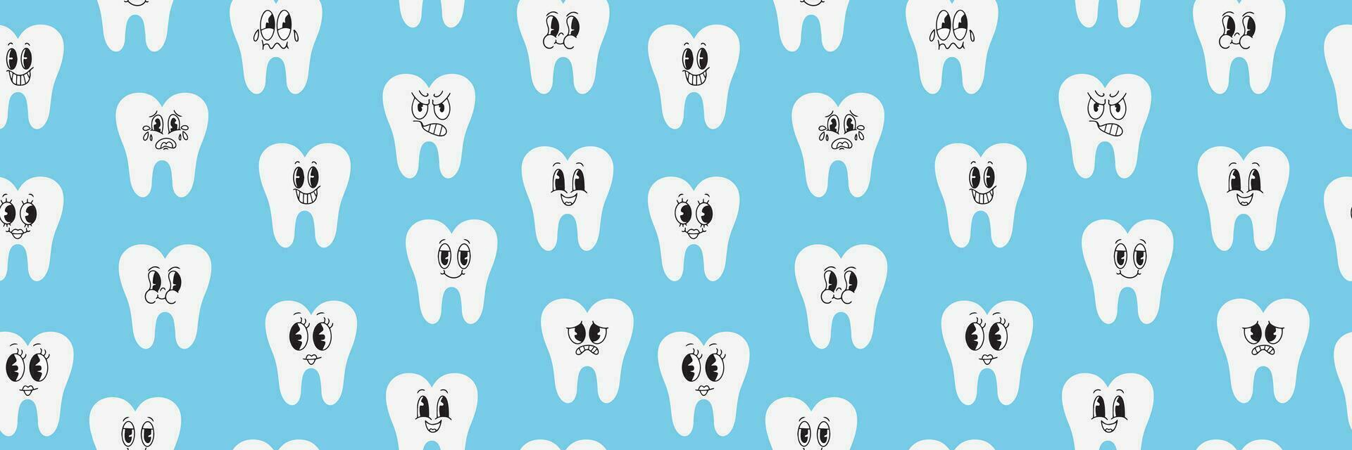 Seamless pattern with cute teeth. White teeth in kawaii style. Dental cute background. Illustration for a pediatric dentist's office, pediatric dentistry. Vector. Vector illustration