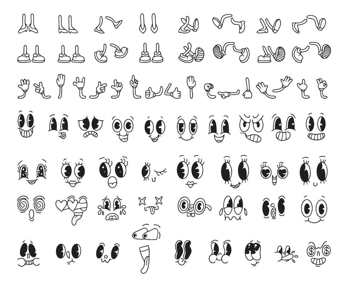 Vintage cartoon hands in gloves and feet in shoes.Comic hand gestures and walking legs vector set. Cute animated characters body parts. Set of retro cartoon mascot characters.