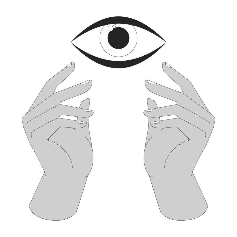 All seeing eye hands black and white 2D line cartoon image. Spiritual guidance. Mystical symbols isolated vector outline abstract concept. Eye of providence monochromatic flat spot illustration