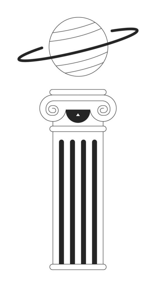 Mystery ancient column ring planet black and white 2D line cartoon object. Greek pedestal universe Saturn isolated vector outline item. Cosmos deep space pillar monochromatic flat spot illustration