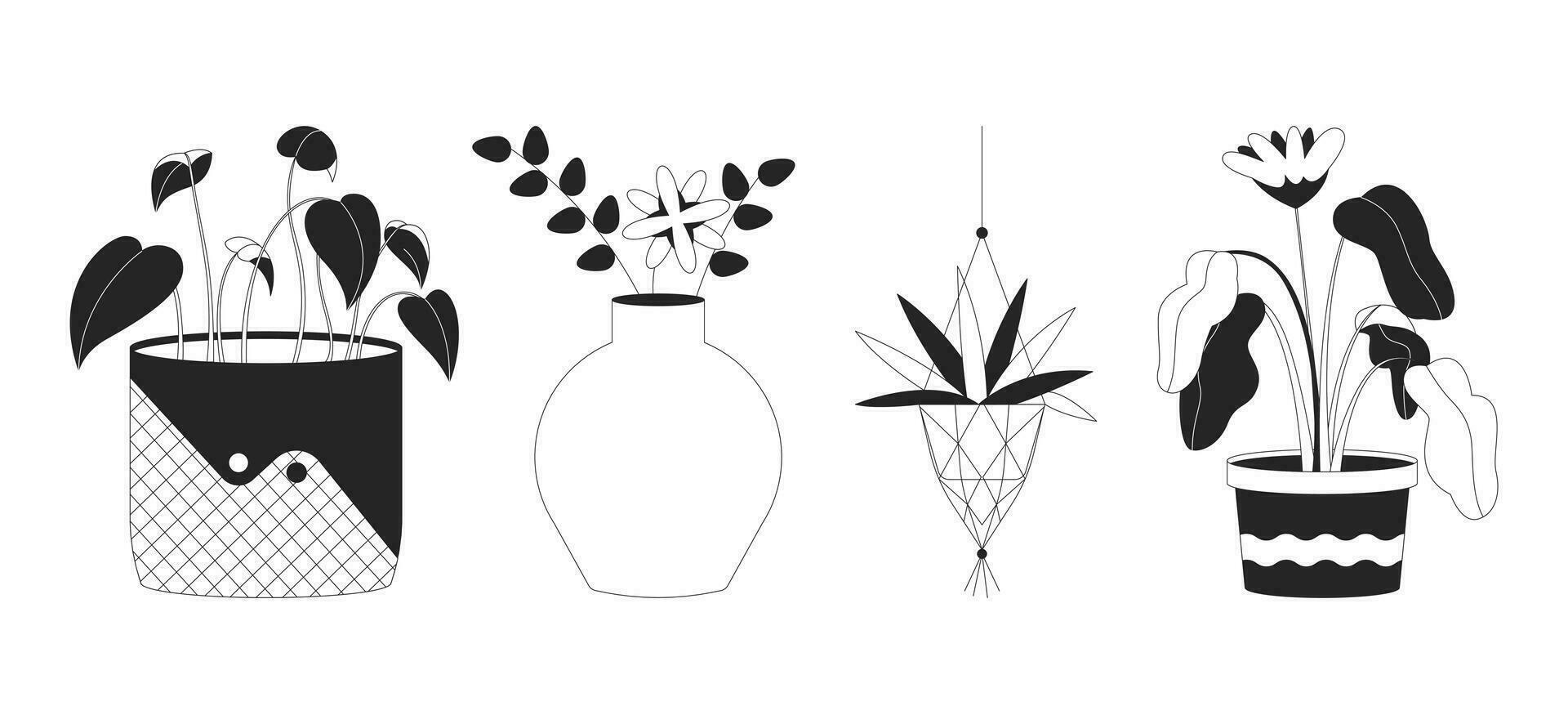 Planting flowerpots black and white 2D line cartoon objects set. Potted houseplants isolated vector outline items collection. Flowering. House plants in pots monochromatic flat spot illustrations