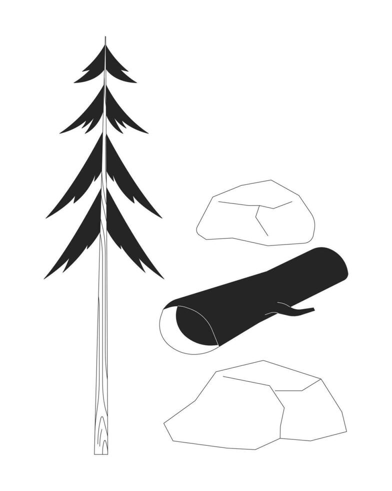 Forest trees stones black and white 2D line cartoon objects set. Tree trunk woodland rocks isolated vector outline items collection. Evergreen plants environment monochromatic flat spot illustrations