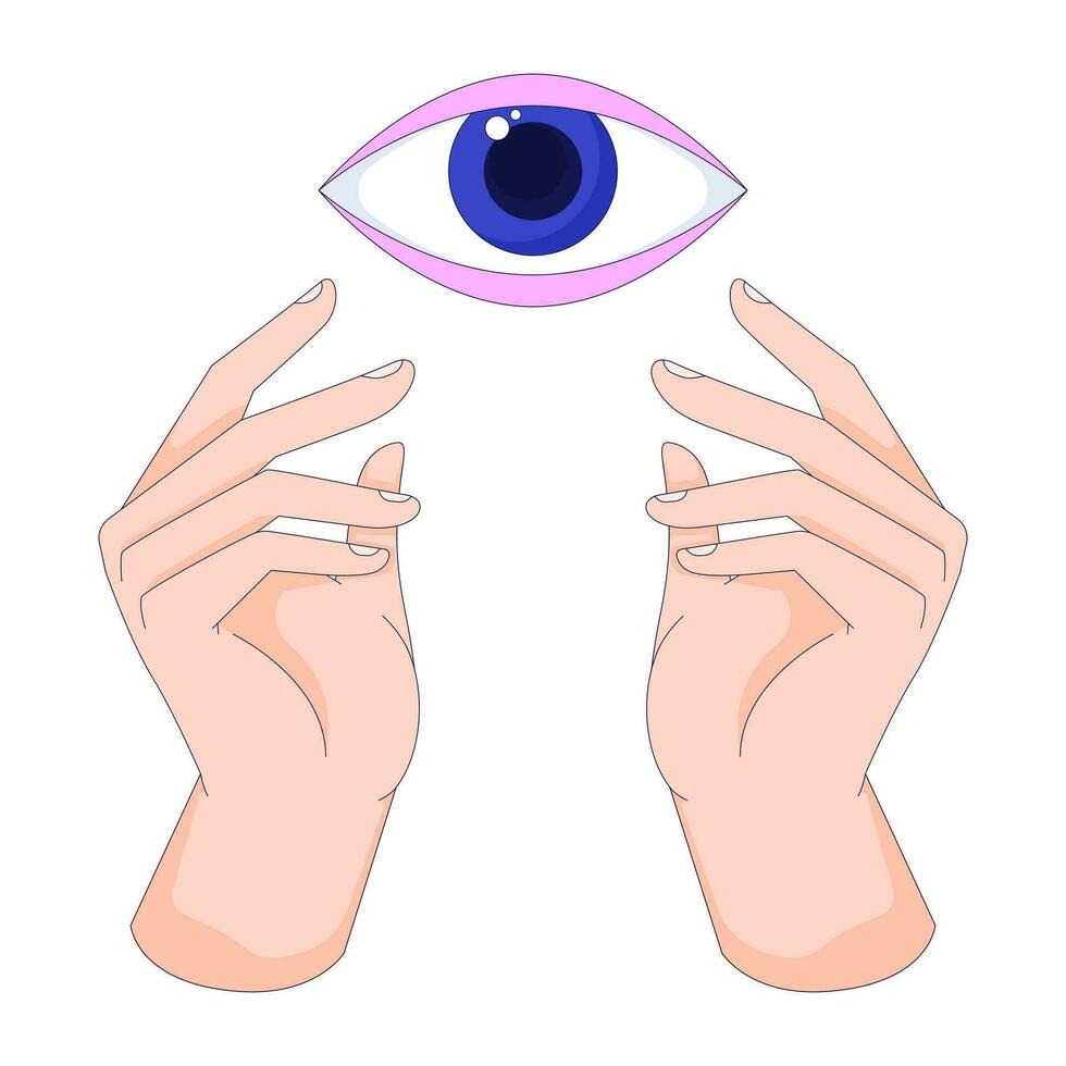 All seeing eye hands 2D linear cartoon image. Spiritual guidance. Mystical symbols isolated line vector abstract concept white background. Eye of providence. IIluminati color flat spot illustration