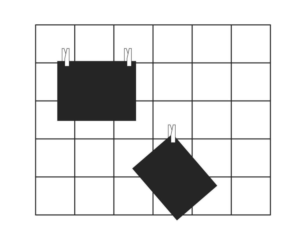 Wall grid panel sticky notes black and white 2D line cartoon object. Hanging post-it notes isolated vector outline item. Agenda workplace. Memories reminder monochromatic flat spot illustration