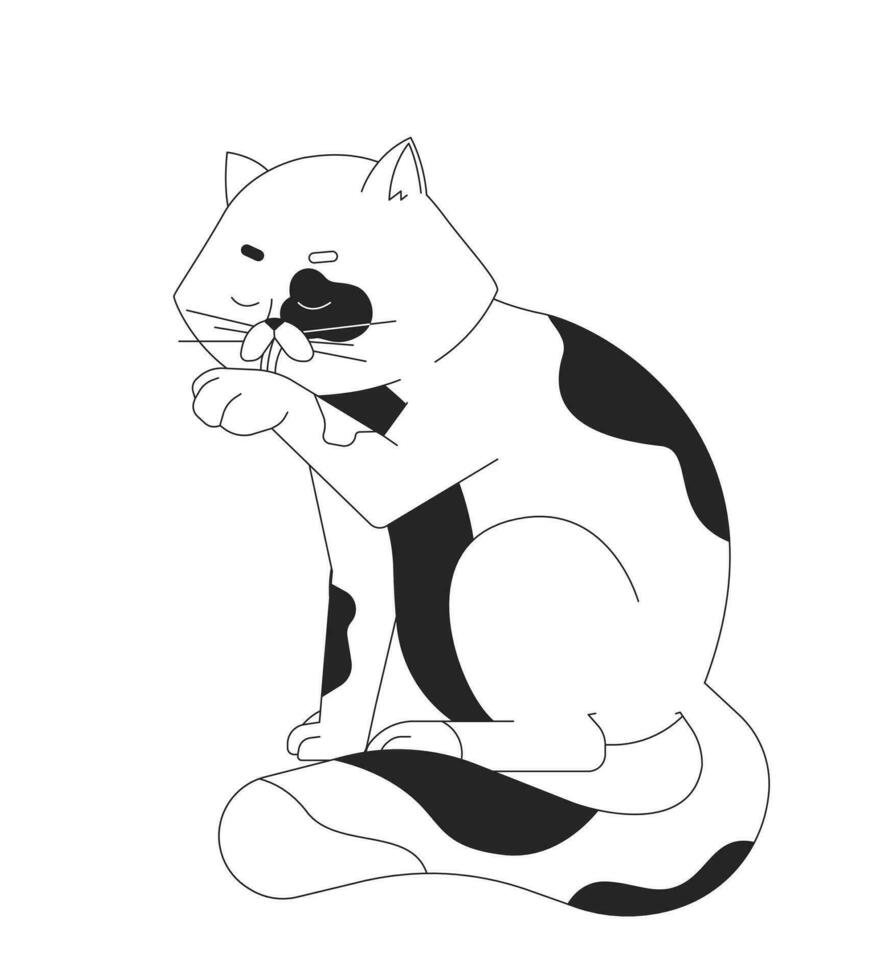 Spotted cat licking itself black and white 2D line cartoon character. Eyes closed kitty tongue out. Single animal pet isolated vector outline animal. Pedigreed monochromatic flat spot illustration