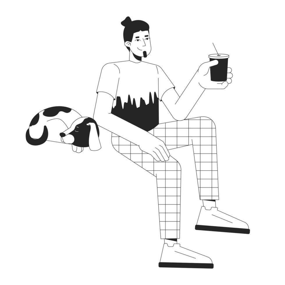 Sleeping dog and happy guy chilling with drink black and white 2D line cartoon character. Adult man drinking cocktail isolated vector outline person. Rest with pet monochromatic flat spot illustration