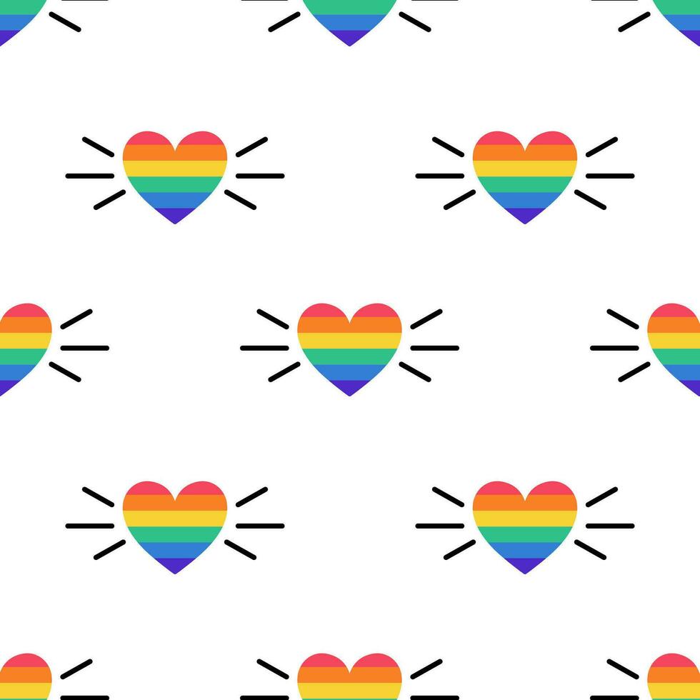 Seamless pattern with Heart in LGBT flag colors. Rainbow colored heart. LGBT sticker in doodle style. LGBTQ, LGBT pride community Symbol. Vector illustration isolated on white background.