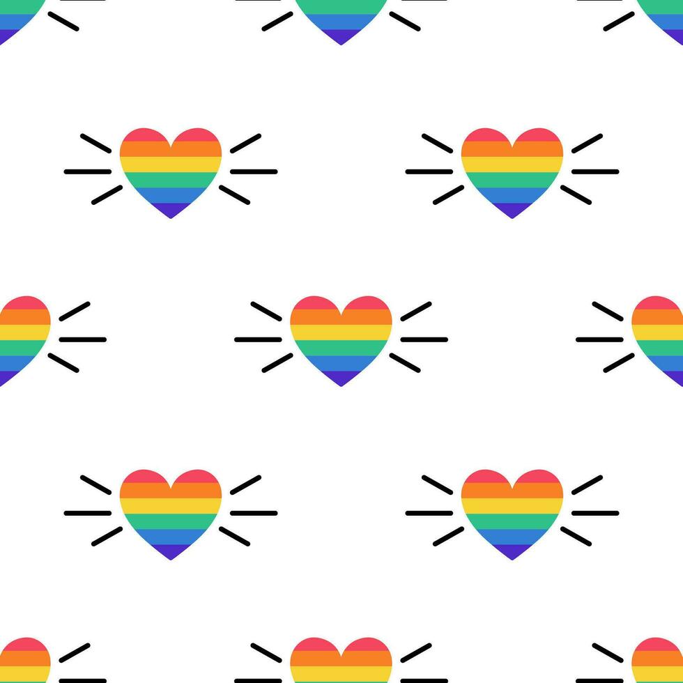 sin costura modelo con corazón en lgbt bandera colores. arco iris de colores corazón. lgbt pegatina en garabatear estilo. lgbtq, lgbt orgullo comunidad símbolo. vector ilustración aislado en blanco antecedentes.