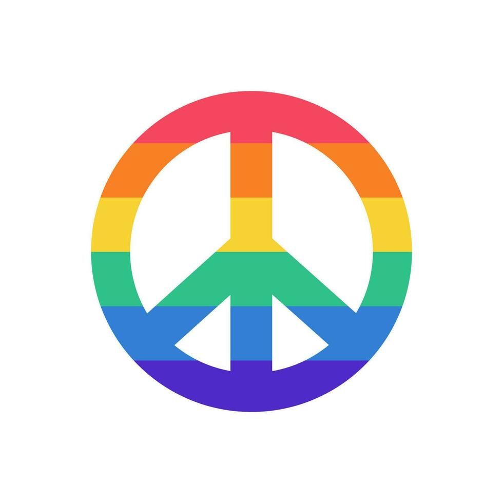 Symbol of peace with LGBT flag colors. Rainbow colored peace sign. LGBT sticker in doodle style. LGBTQ, LGBT pride community Symbol. Vector illustration isolated on white background.