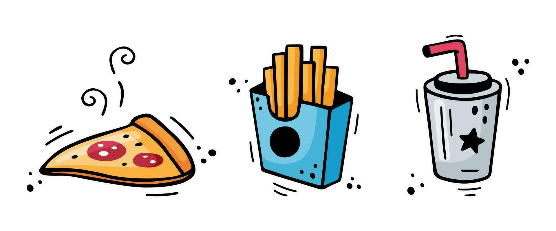 Fast food icons set - pizza, French fries, paper cup with drink. Hand drawn fast food combo meal. Comic doodle sketch style. Vector illustration. Colorful snacks drawn with felt-tip pen.