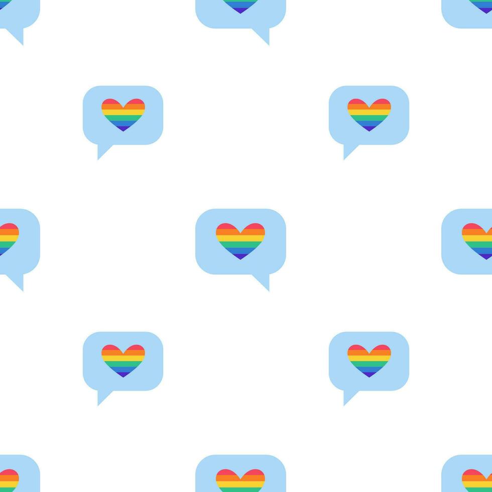 Seamless Pattern with Love message with heart in LGBT flag colors. Rainbow color mail, message, sms icon. Texture with LGBT stickers in doodle style. LGBTQ, LGBT pride community Symbol. vector