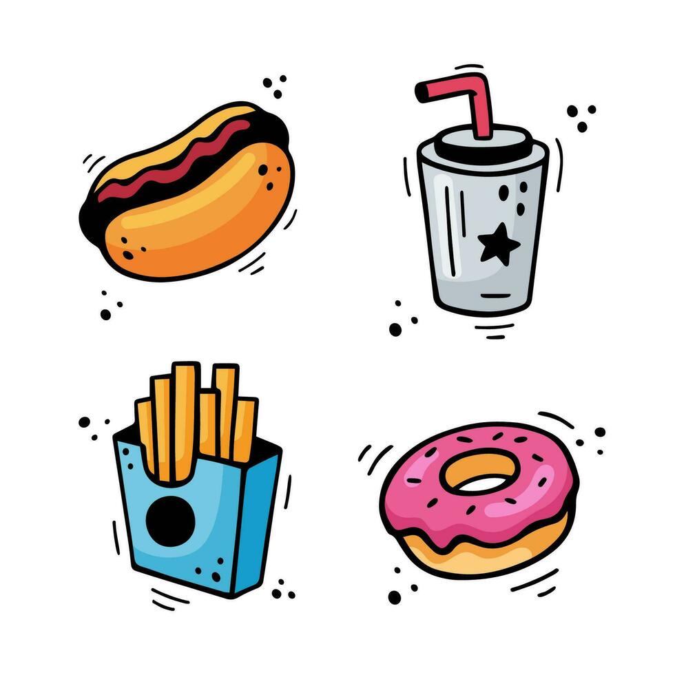 Fast food icons set - Hot Dog, French fries, paper cup with drink, pie, donut. Hand drawn fast food combination. Comic doodle sketch style. Colorful snacks drawn with felt tip pen. Vector illustration