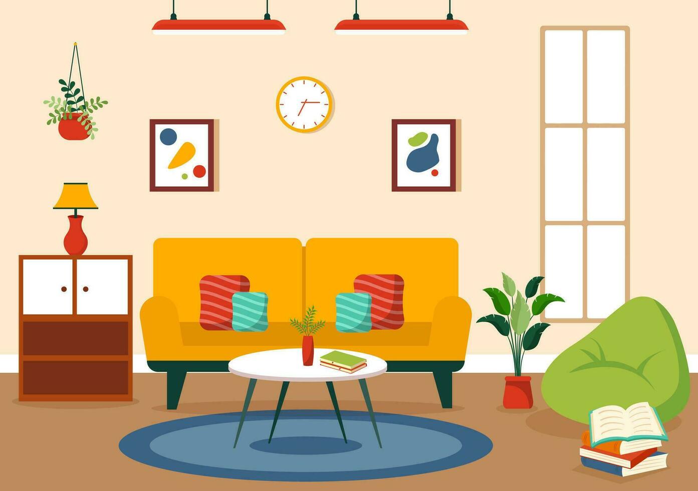 hogar decoración vector ilustración con vivo habitación interior y mueble tal como cómodo sofá, ventana, silla, casa plantas y accesorios