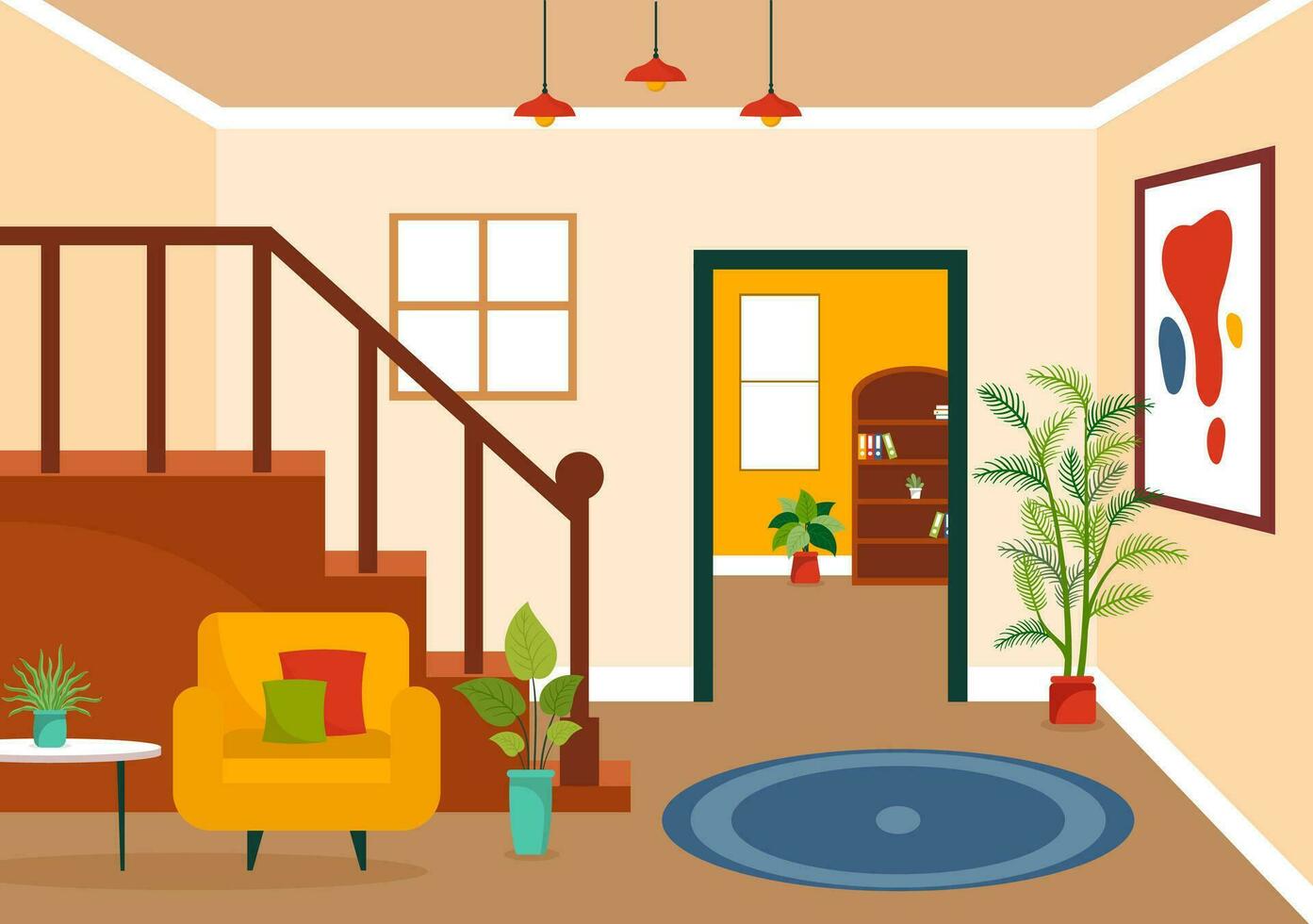 Home Decor Vector Illustration with Living Room Interior and Furniture such as Comfortable Sofa, Window, Chair, House Plants and Accessories