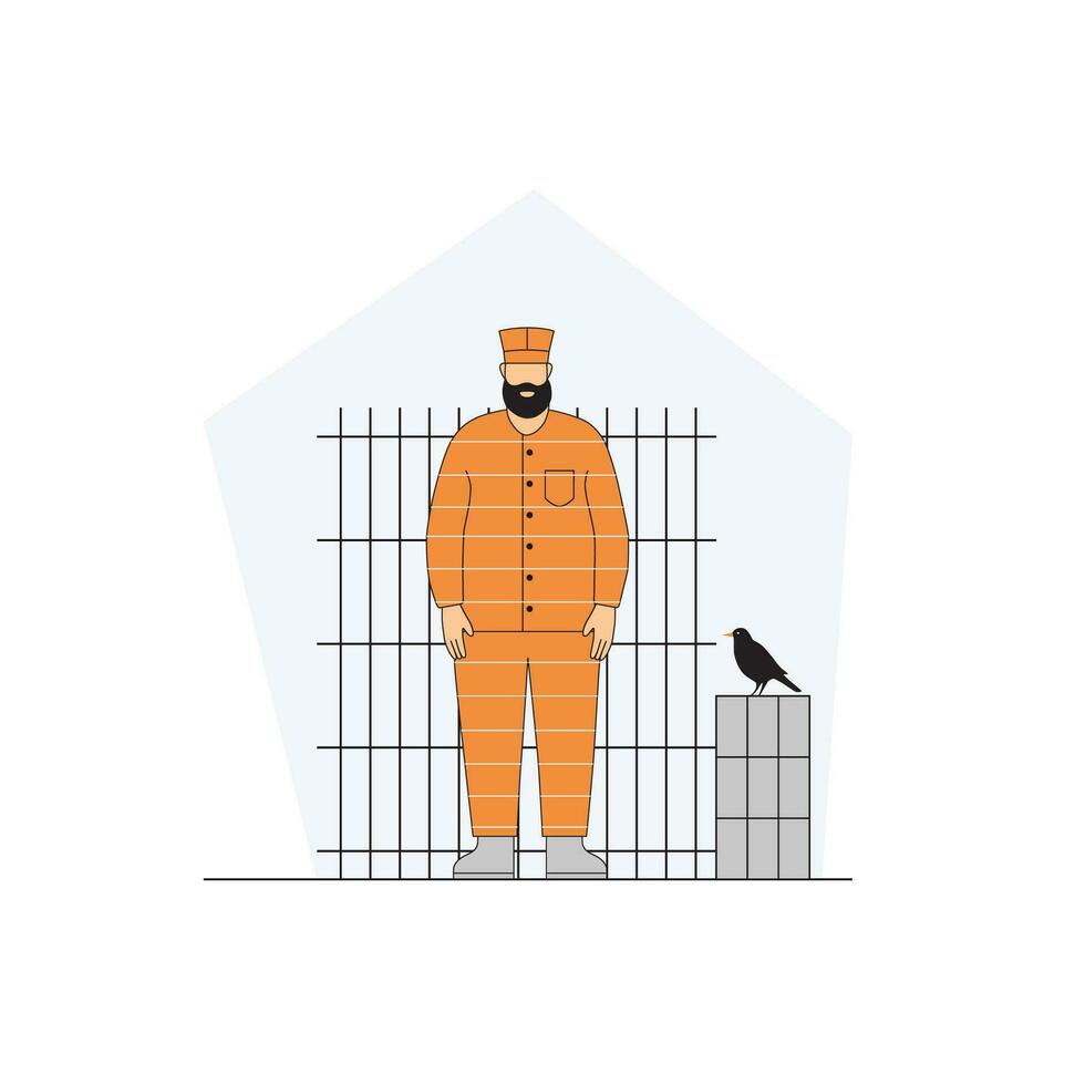 Prisoner in orange robe in prison behind bars, vector illustration.