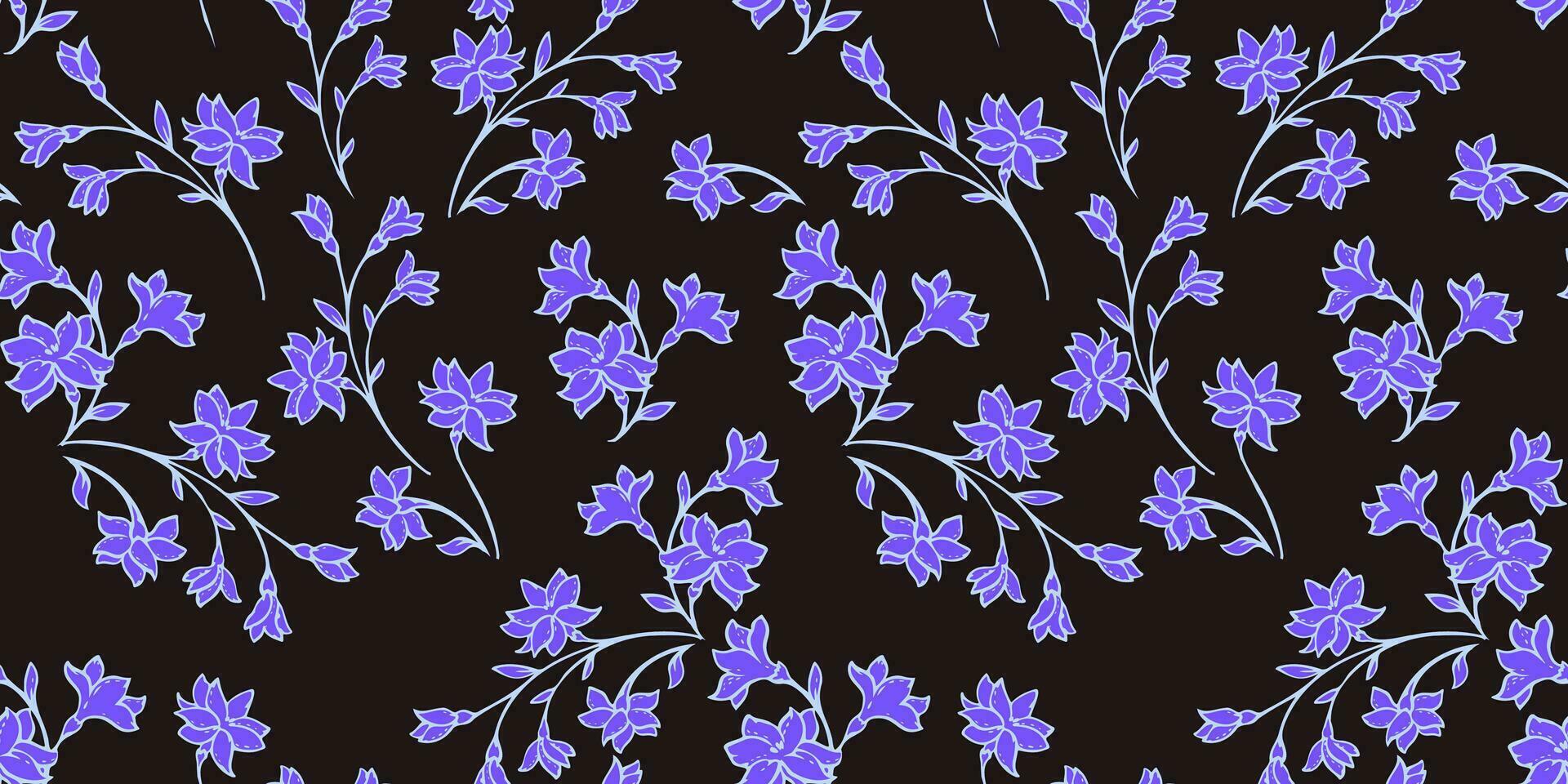 Gently blue   branches wild flowers seamless pattern on a black background. Vector hand drawn sketch. Simple art tiny ditsy floral printing. Design for fashion, fabric, wallpaper.