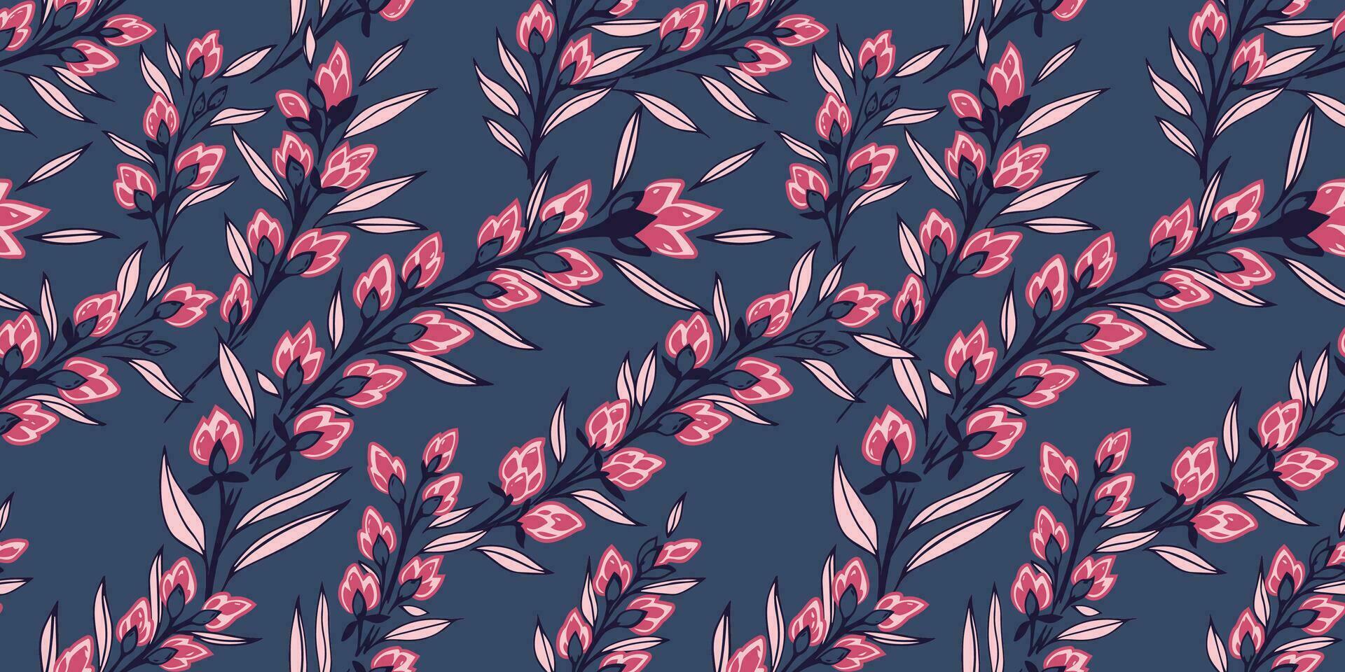 Creative stylized branches leaves with buds flowers intertwined in a seamless pattern. Vector hand drawn. Abstract art floral print on a dark background. Design for fashion, fabric, wallpaper.