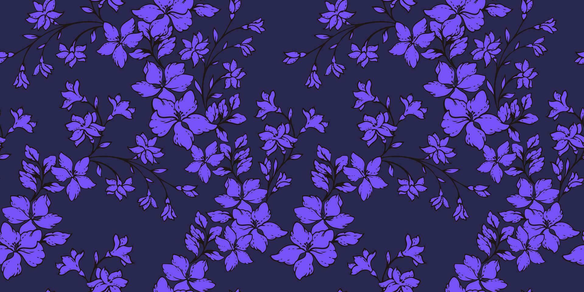 Monotone dark blue flowers meadow illustration seamless pattern. Art graphics background with ditsy floral branches. Vector hand drawn sketch. Design for fashion, fabric, wallpaper