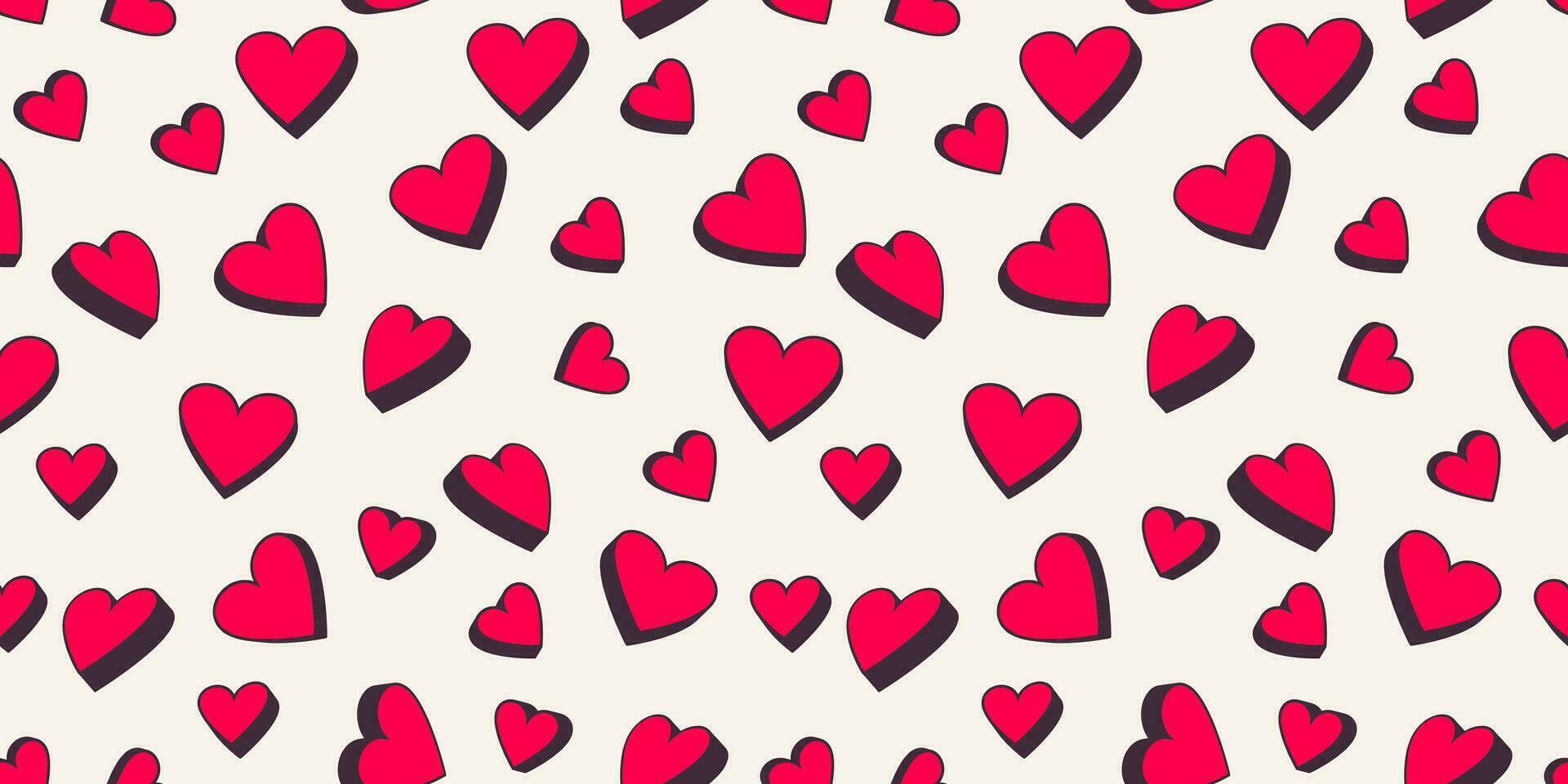 Trendy seamless pattern with cute 3d hearts. Vector red shape silhouettes heart on a light background.  Valentine, love wedding printing. Design for textile, fashion, surface design, fabric