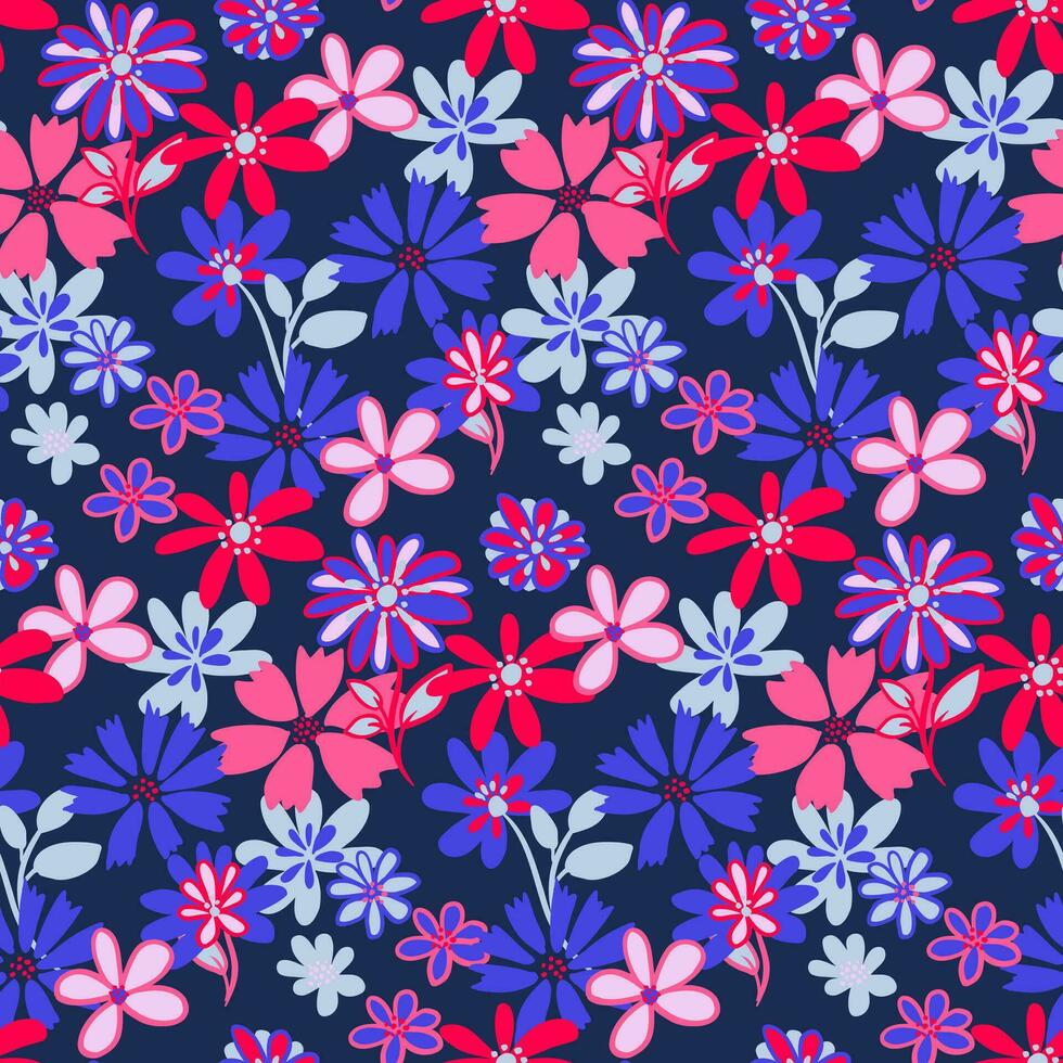 estilizado vibrante resumen floral sin costura modelo en un oscuro antecedentes. vector mano dibujado bosquejo garabatear. vistoso impresión con siluetas forma flores diseño para moda, textil, tela