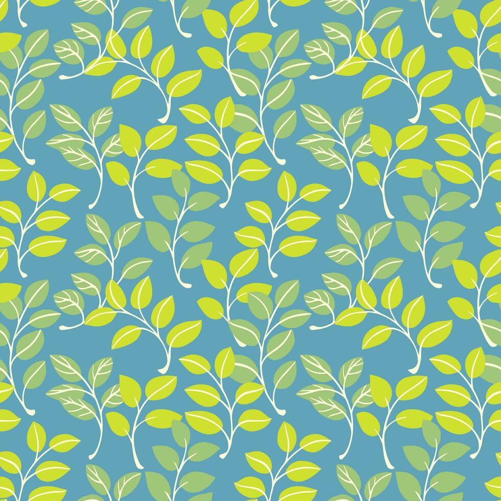 Simple abstract  green cute branches leaves intertwined in a seamless pattern on a blue background. Vector hand drawn sketch doodle leaf stems print. Template for design, fabric, fashion, wallpaper