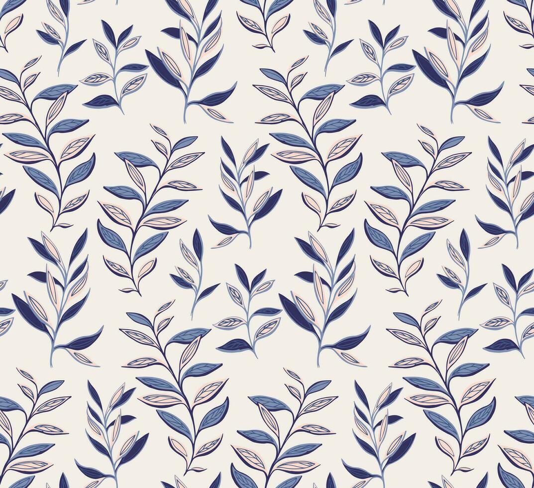 Seamless, creative, stylized stem leaves pattern on a light background. Vector hand drawn sketch. Modern, blue leaf branches print. Template for design, textile, fashion, fabric, wallpaper