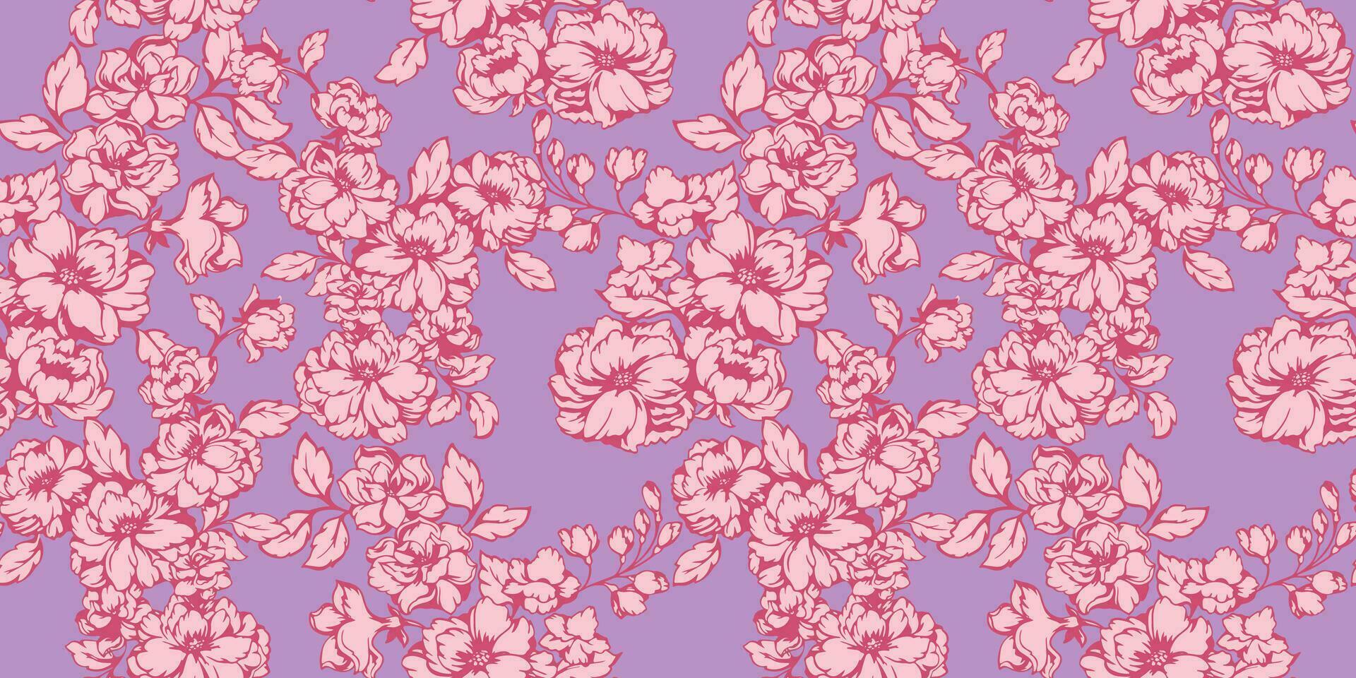 Vector hand drawn blooming branches flowers intertwined in a seamless pattern. Abstract, artistic simple floral purple print. Template for design, textile, fashion, print, surface design, wallpaper