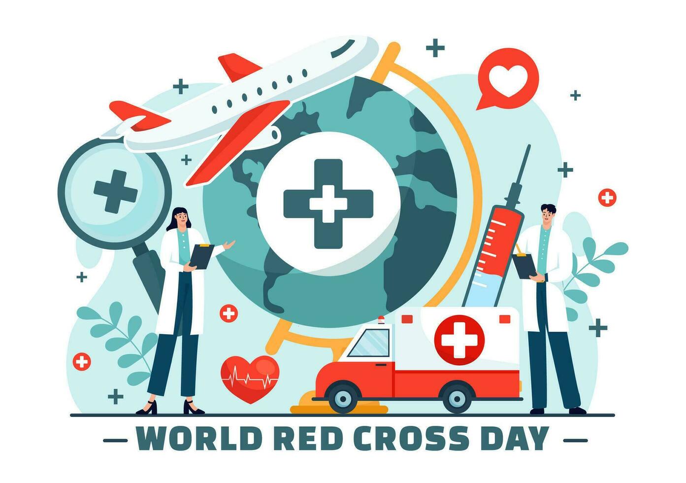 mundo rojo cruzar día vector ilustración en mayo 8 a médico salud y Proporcionar sangre en cuidado de la salud plano dibujos animados antecedentes diseño