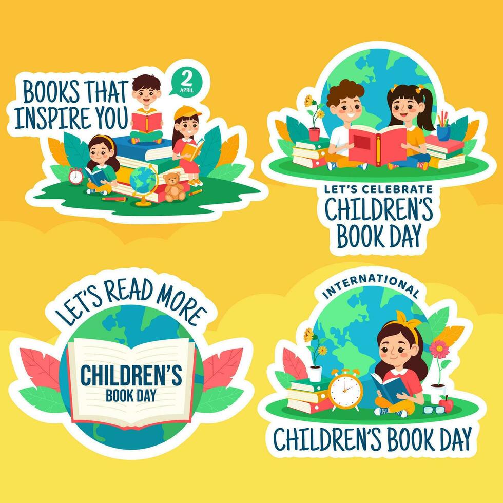 niños libro día etiqueta plano dibujos animados mano dibujado plantillas antecedentes ilustración vector