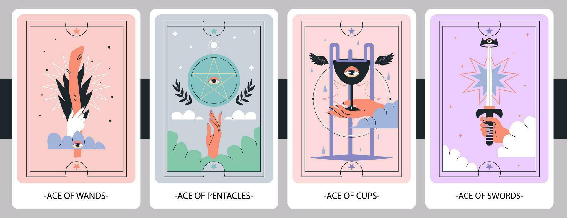 The Minor Arcana, aces of wands, pentacles, cups and swords. Hand-draw vector illustration. Eps 10.