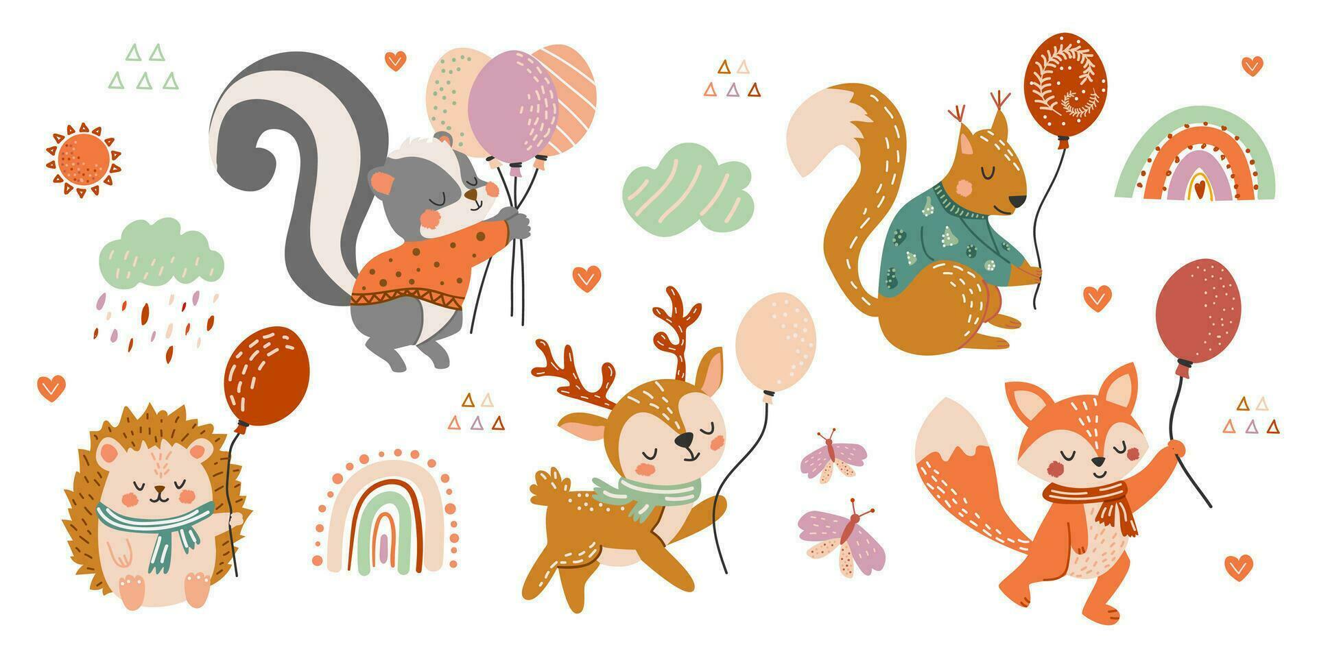 Set of cute forest animals with balloons. Vector illustration in hand drawn style. Deer, squirrel, skunk, hedgehog, fox, rainbow, clouds in flat style. Children's creative illustration.