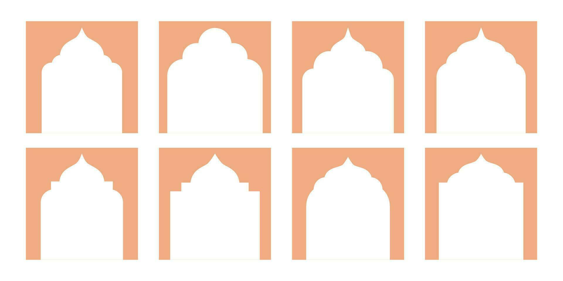 Collection of Oriental Style Islamic Ramadan Kareem and Eid Mubarak Windows and Arches. Modern Design Elements Include Doors, Mosque Domes, and Lanterns. Silhouette Square Frame vector