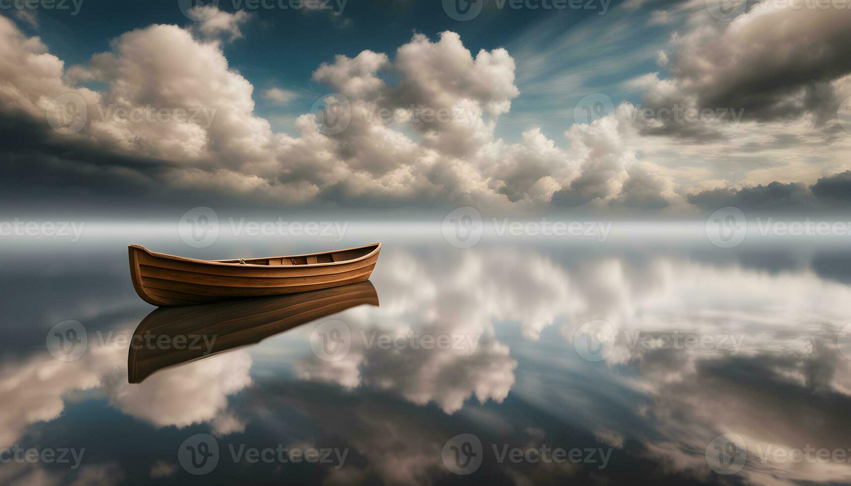 AI generated a boat floating on the calm water with clouds in the background photo