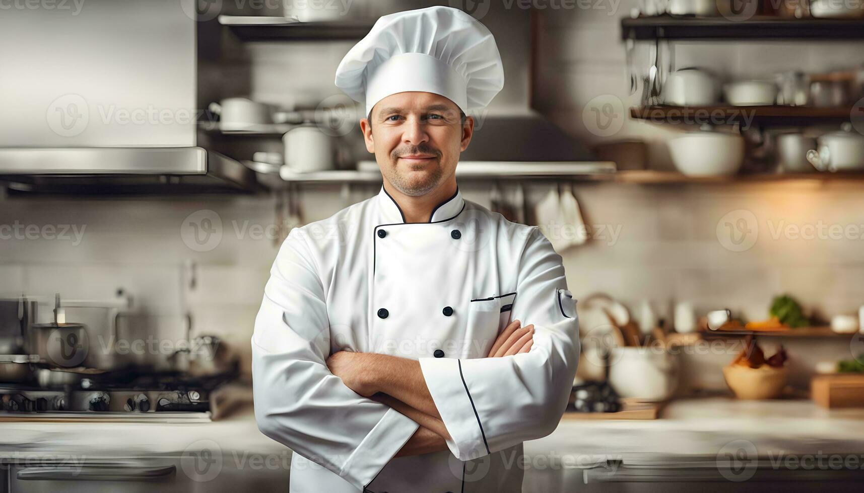 AI generated a man in a chef hat standing in a kitchen photo