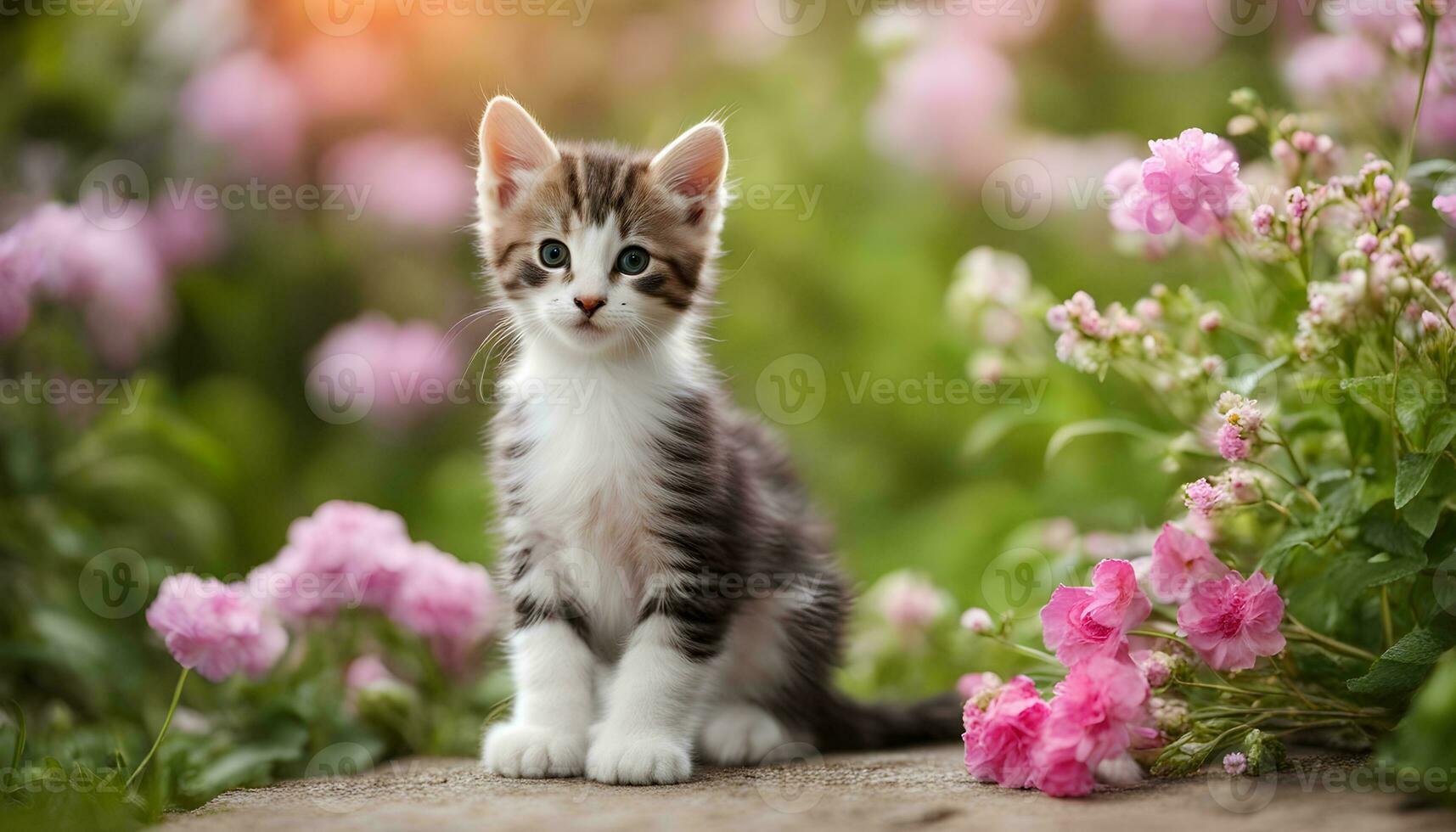 ai generado un gatito es sentado en frente de rosado flores foto