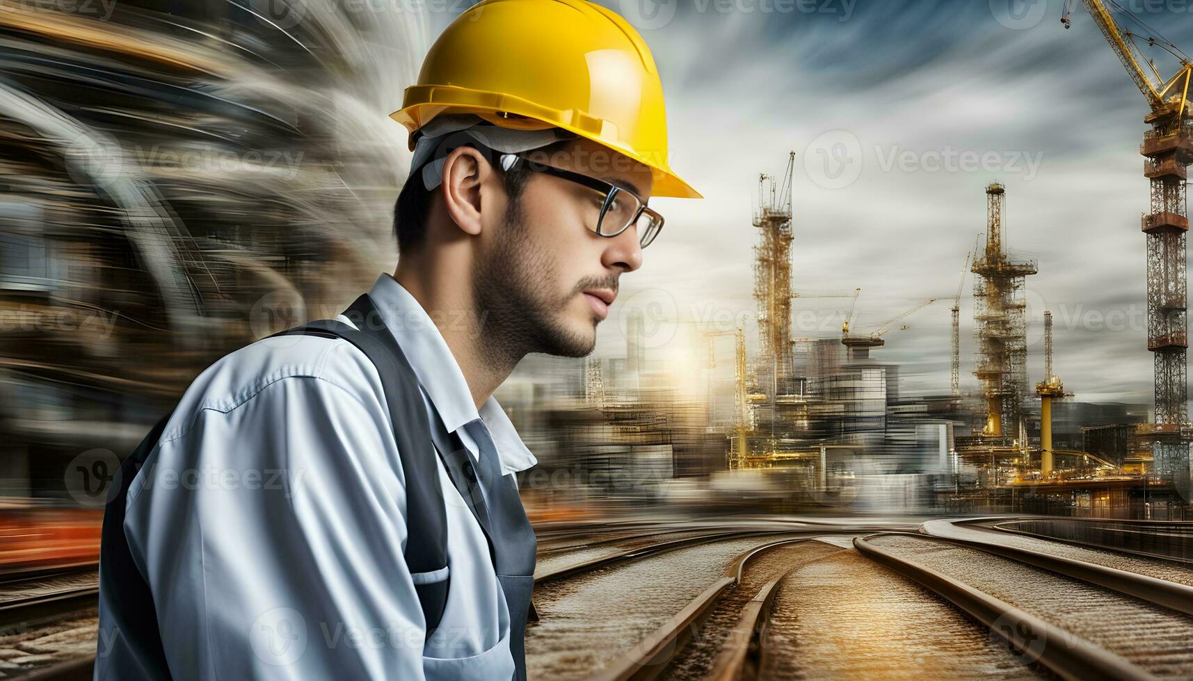 AI generated a man in a hard hat and glasses standing in front of a train track photo