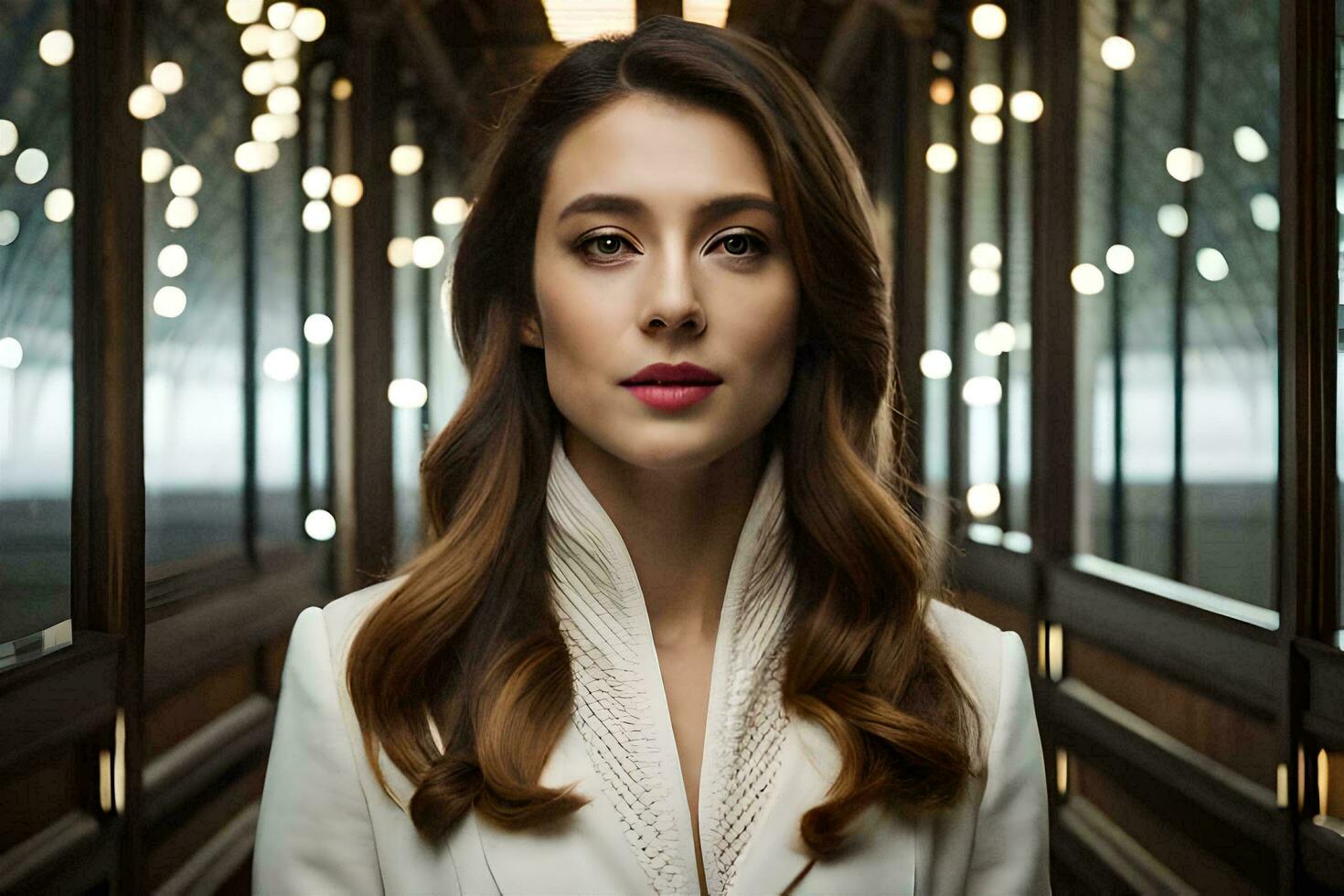 AI generated a woman in a white suit and red lipstick photo