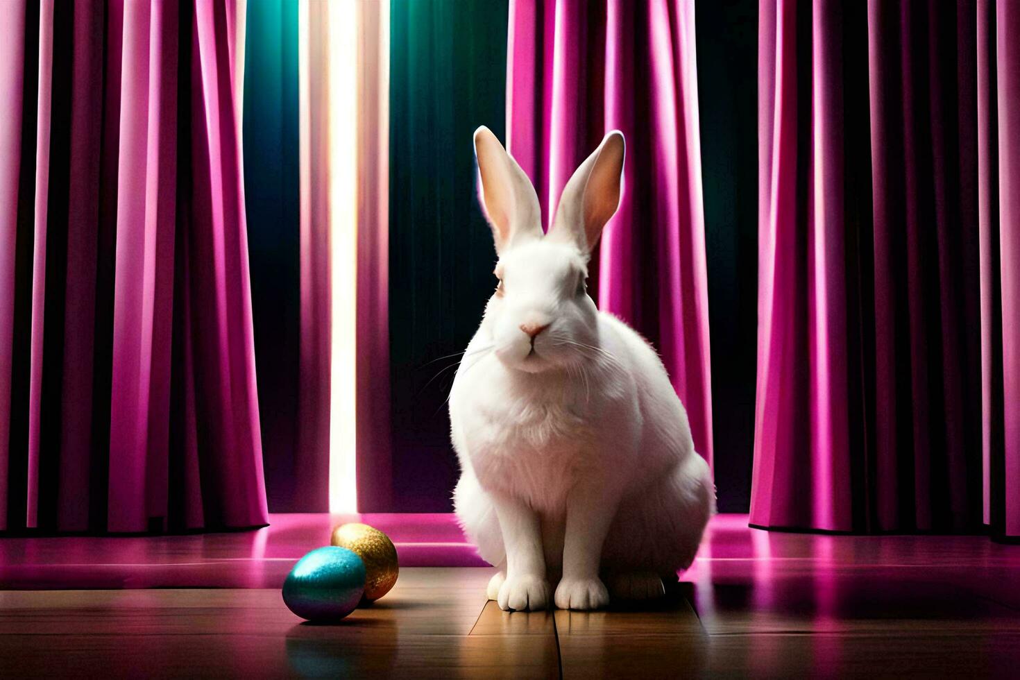 AI generated a white rabbit sits in front of a curtain with two eggs photo