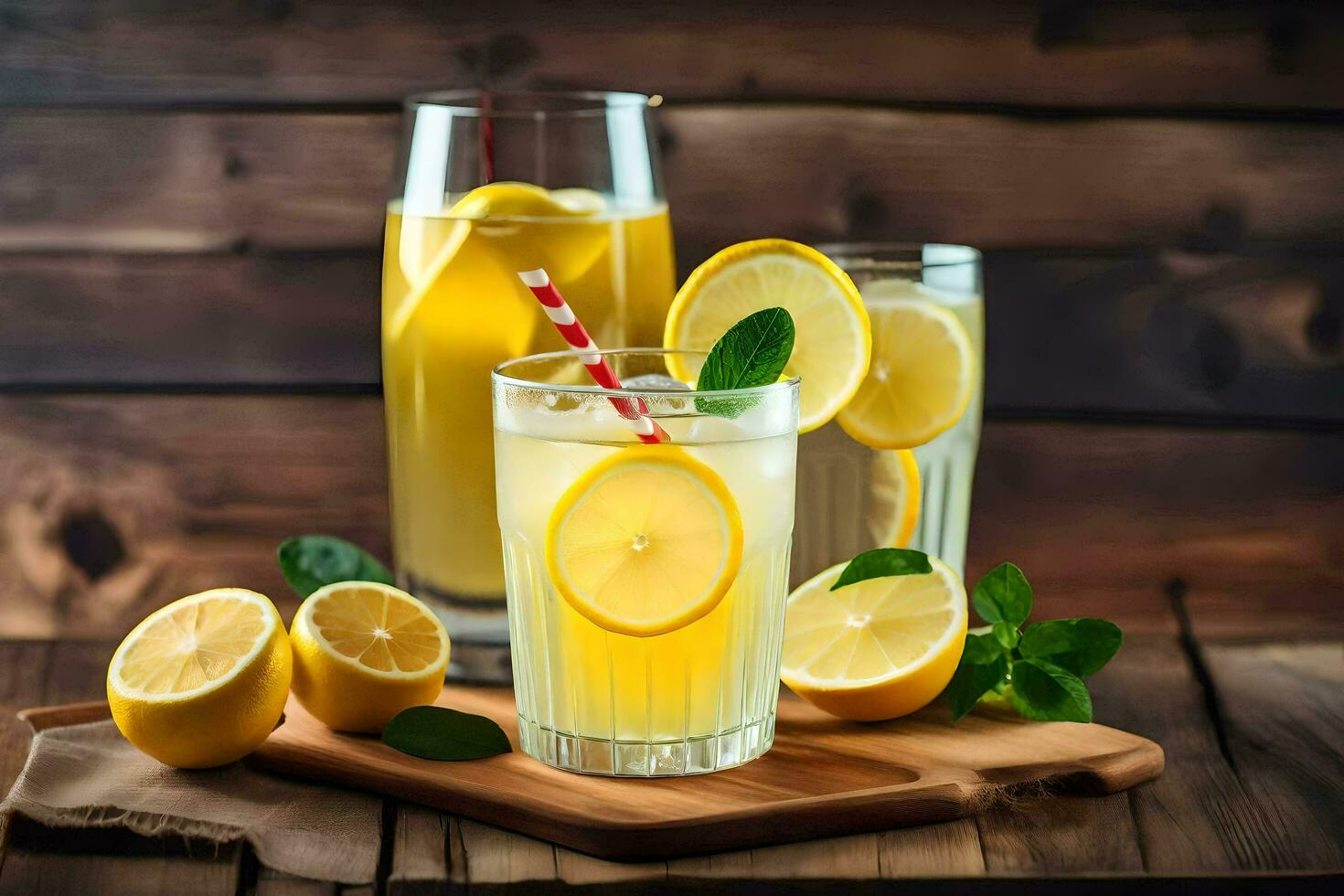 AI generated lemonade in glasses and on a wooden table photo