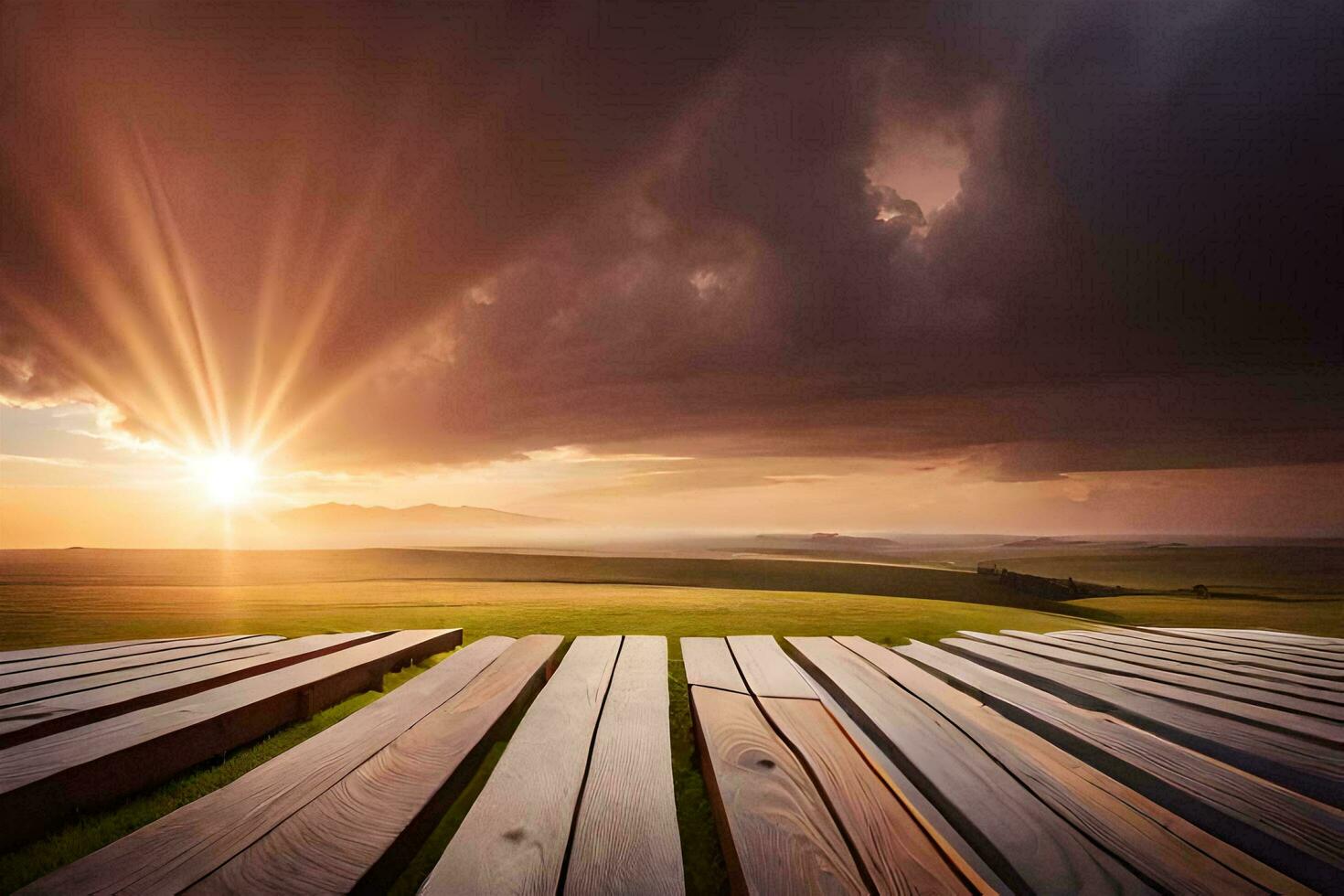 AI generated a wooden boardwalk on a field with a sunset behind it photo