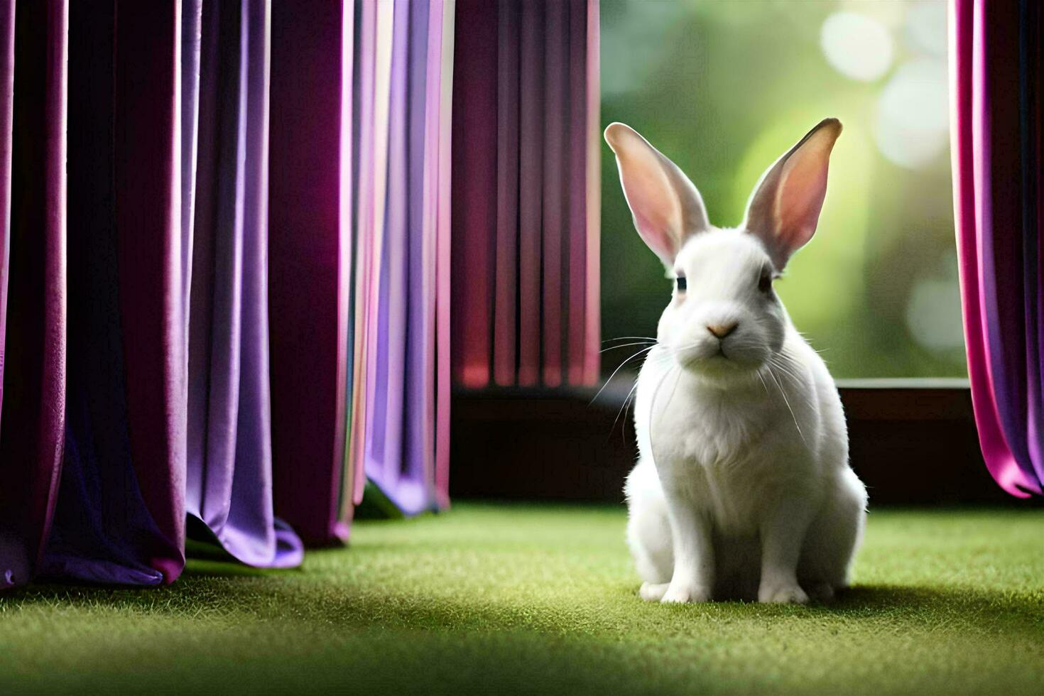 AI generated white rabbit sitting in front of curtains photo