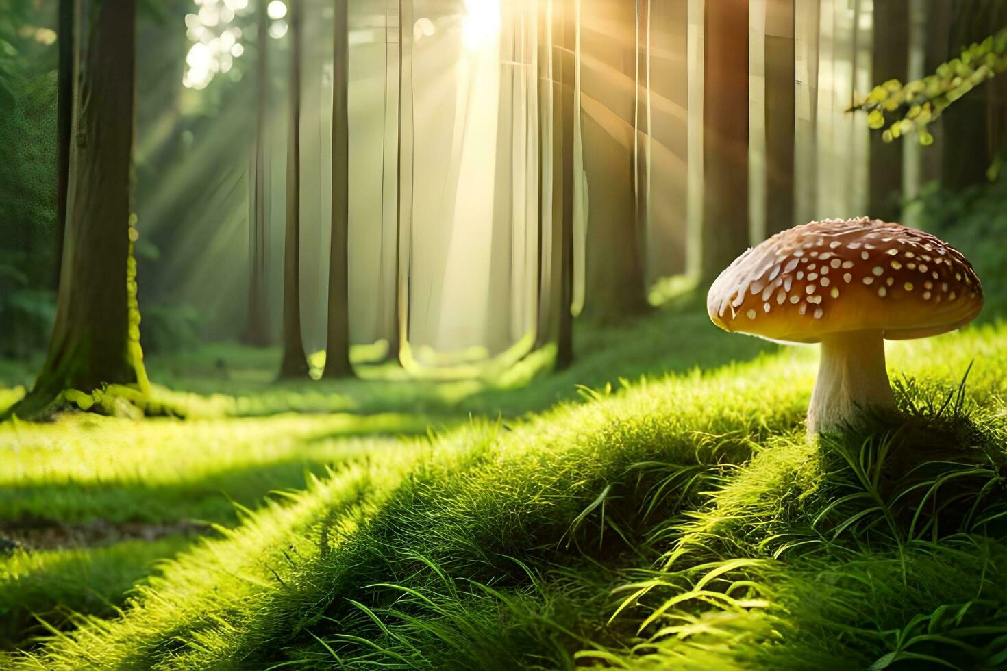 AI generated a mushroom is standing in the middle of a green forest photo