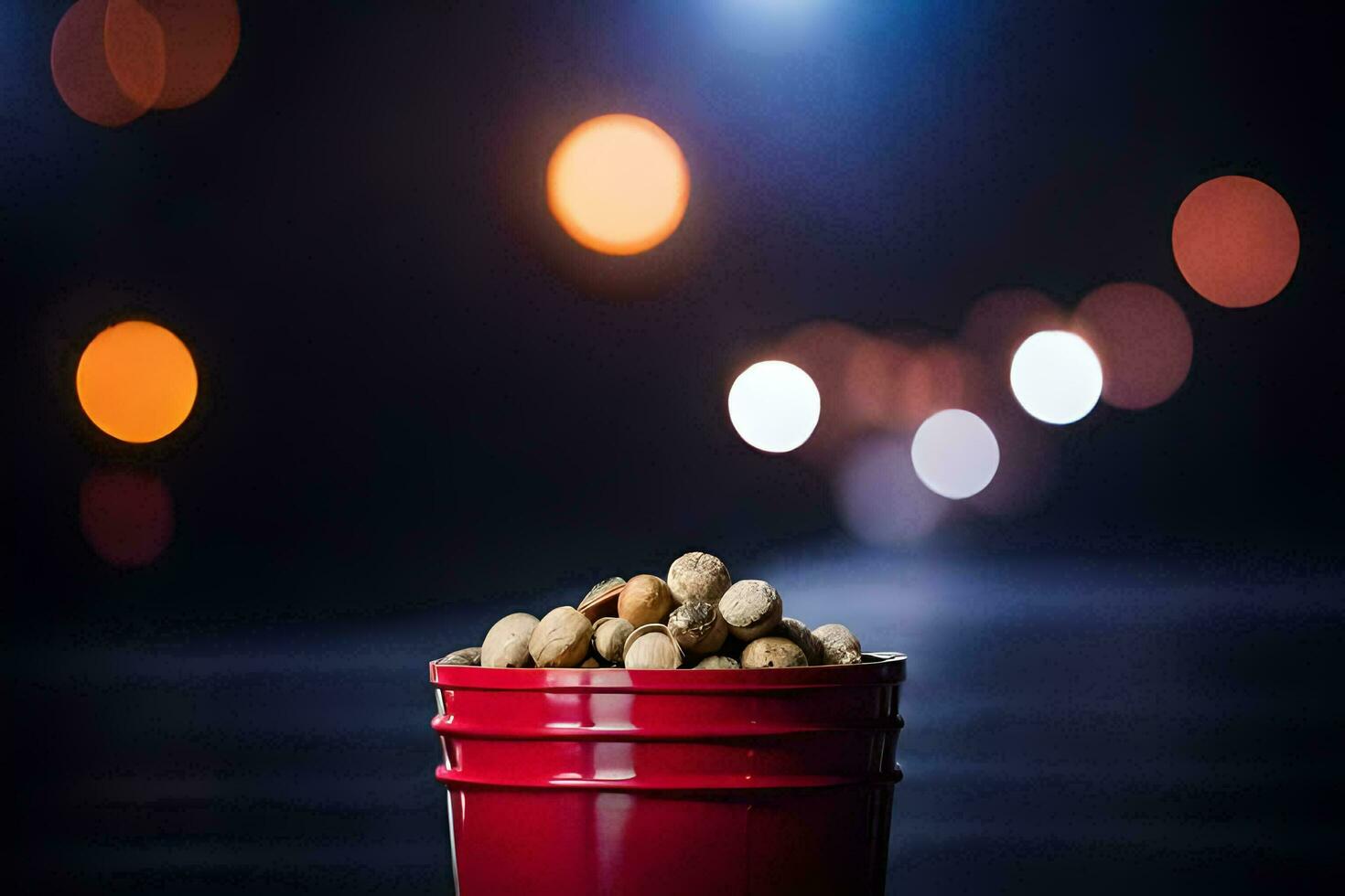 a red bucket filled with peanuts on a dark background. AI-Generated photo