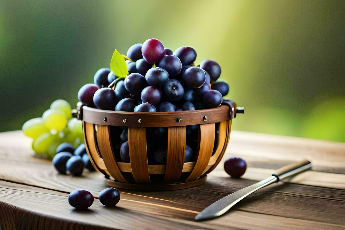 grapes in a basket on a wooden table. AI-Generated photo